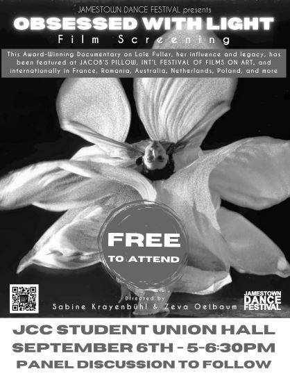 A graphic showing dancer Loie Fuller and promoting the screening of the documentary film Obsessed with Light at JCC's Student Union.