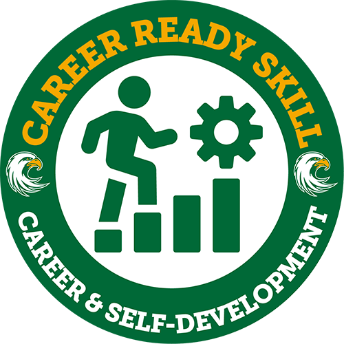 Career Services icon with words 'Career Ready Skill - Career and Self-Development' circling person on stairs