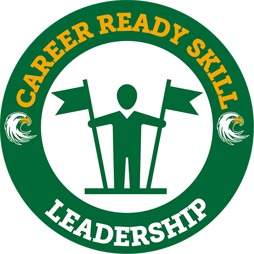 Career Services icon with words 'Career Ready Skill - Leadership' circling person holding 2 flags