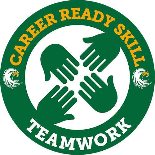 Career Services icon with words 'Career Ready Skill - Teamwork' circling 4 hands