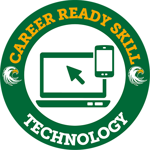 Career Services icon with words 'Career Ready Skill - Technology' circling laptop and phone