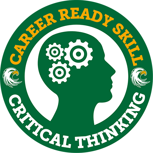 Career Services icon with words 'Career Ready Skill - Critical Thinking' circling side view of person's head with gears in place of brain