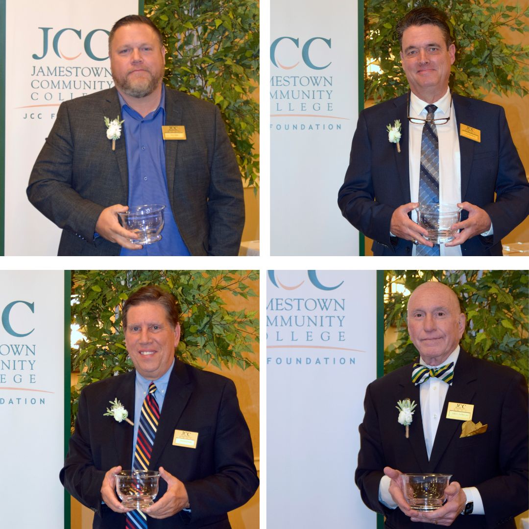 Collage of four photos showing people holding glass bowls of achievement.