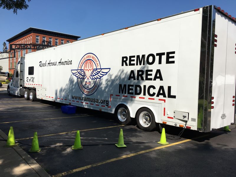 Remote Area Medical truck on campus during a clinic.