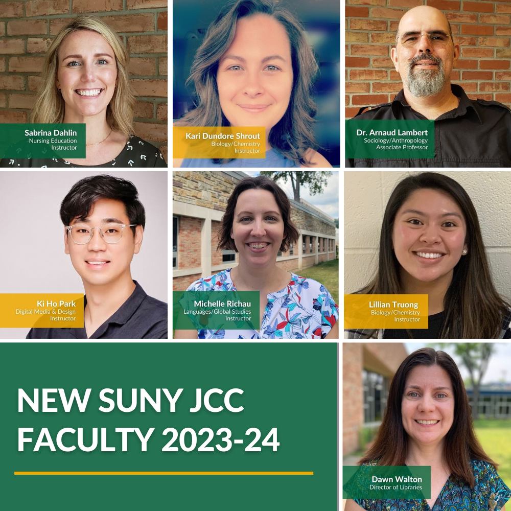 collage of seven new SUNY JCC faculty members