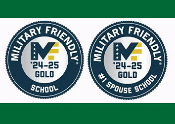 Two badges side-by-side that say "Military Friendly '24-25 Gold School" and "Military Friendly '24-25 Gold #1 Spouse School."