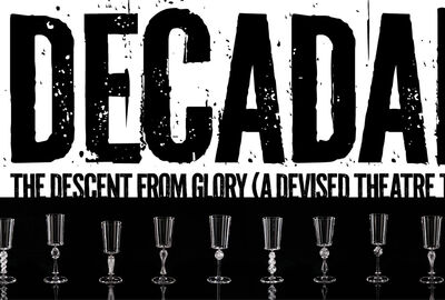 Black and white graphic showing “Decadal: The Descent from Glory" with deformed wine glasses.